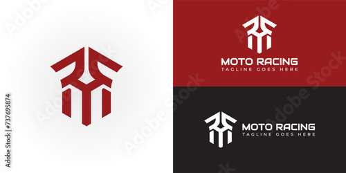 Abstract initial letter MR or RM logo in red color racing logo design template presented with multiple background colors. The logo is suitable for Moto Sport or Motor Race logo design inspiration