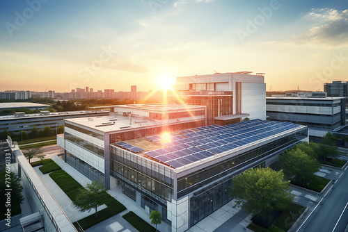 Solar panels on the roof of a modern office building with a beautiful sunset