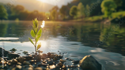 Close-up of a willow tree sprouting by the lake and the sunlight shining on the lake surface