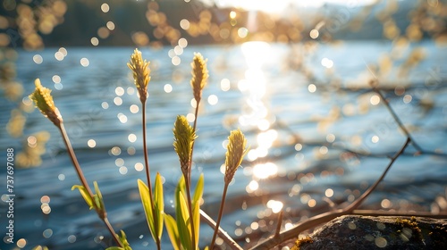 Close-up of a willow tree sprouting by the lake and the sunlight shining on the lake surface