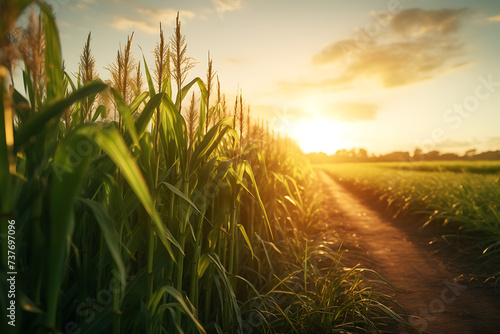 Sunset over corn field in summer. Beautiful landscape with corn field.