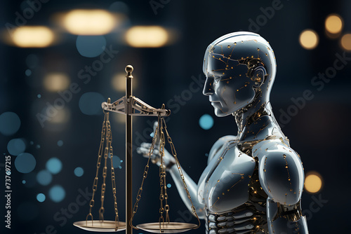 Robot and scales of justice. The concept of law and justice. 3d rendering photo