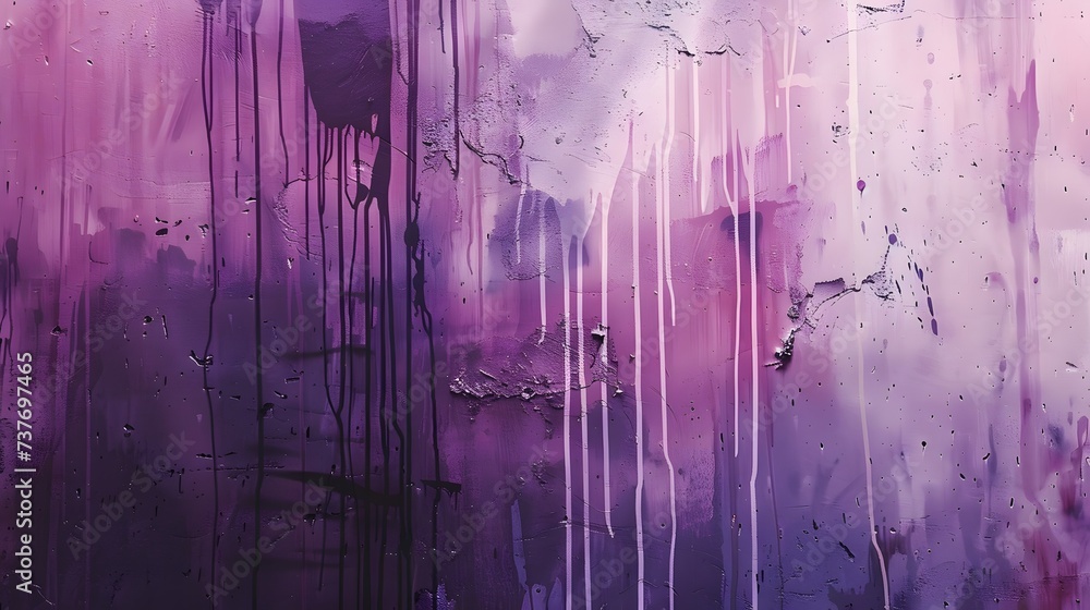 Messy paint strokes and smudges on an old painted wall background. Abstract wall surface with part of graffiti. Purple and pink drips, flows, streaks of paint and paint sprays