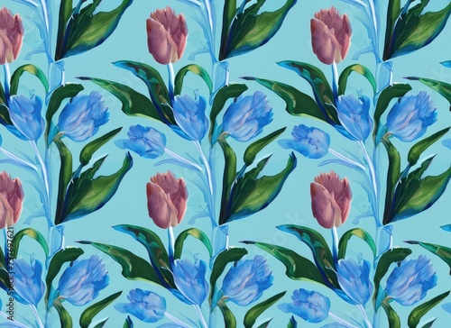 Seamless pattern with tulips and leaves