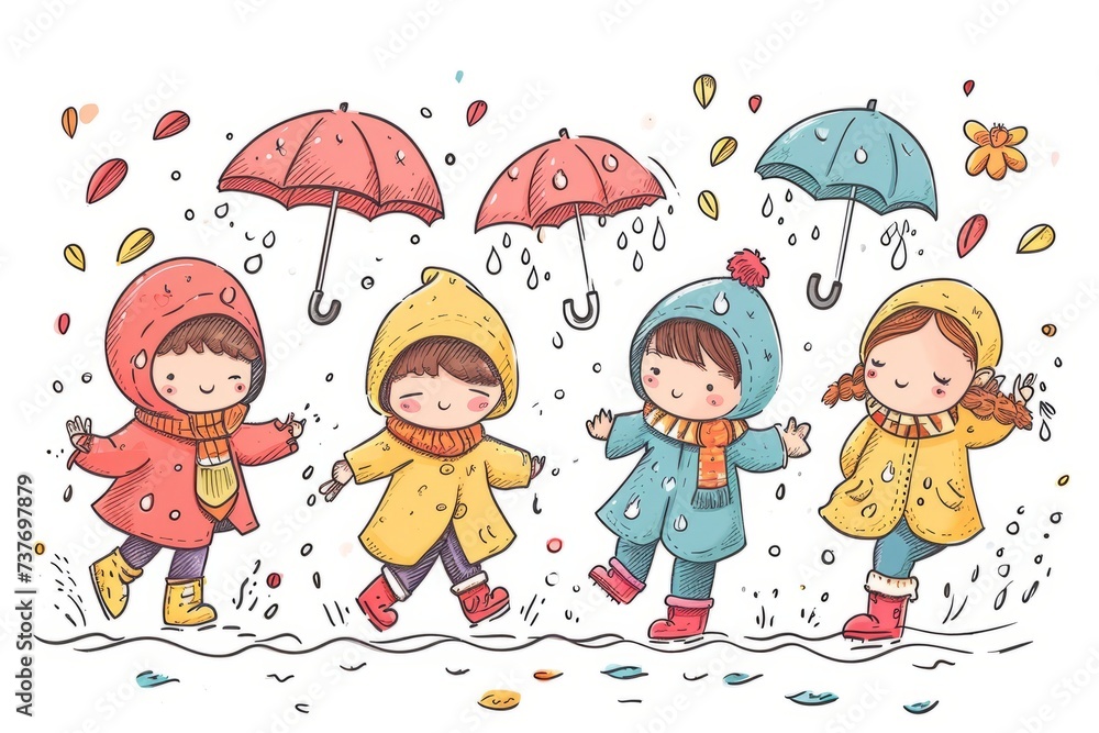 Cartoon cute doodles of characters in autumn, surrounded by falling leaves, cool breezes, and the warmth of cozy sweaters, Generative AI Cartoon cute doodles of characters in autumn, surrounded by falling leaves, cool breezes, and the warmth of cozy sweaters, Generative AI