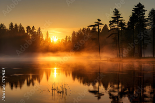 Misty Dawn: Serenity And Tranquility Reflected In The Mirroring Lake