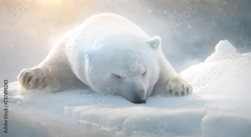 cute polar bear sleeping on a block of ice photo