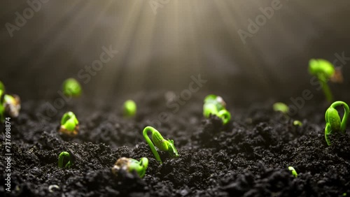 Growing plants in timelapse, Sprouts Germination, Seeds sprout through the soil, Newborn seeds, The birth of a new life in nature, Cutting a sprout through the ground photo