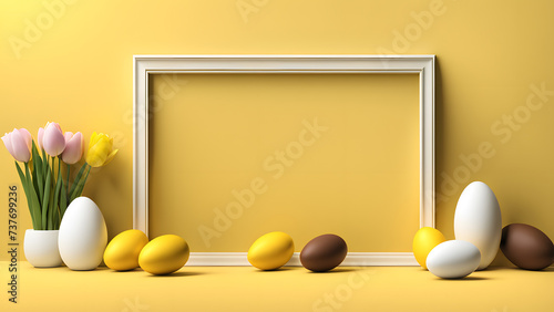 3D easter concept with photo frame, flower and chocolate eggs. Minimalist easter day graphic resource suitable for web banner, social media, poster.