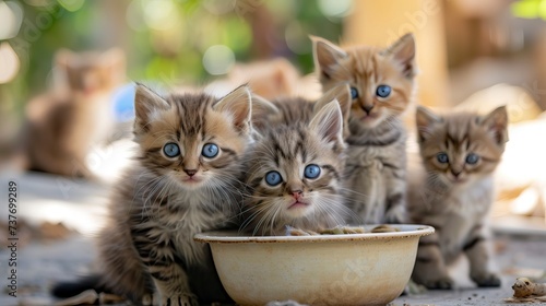 Adorable Kittens with Mesmerizing Blue Eyes Gathered Around a Food Bowl. A group of charming cats attentively focuses on camera. Panorama with copy space - generative ai