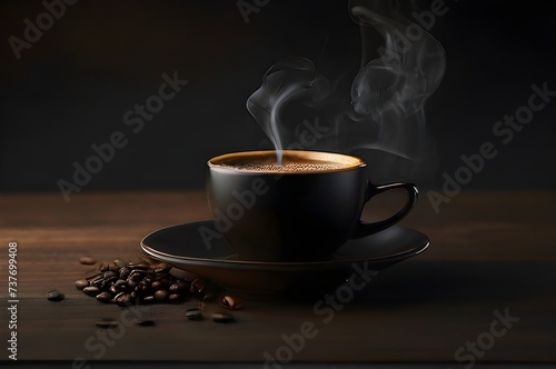 Hot coffee on the wooden table in dark.