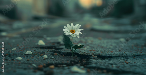 A small flower has broken through the asphalt and is blooming, a concept of hope and rebirth.