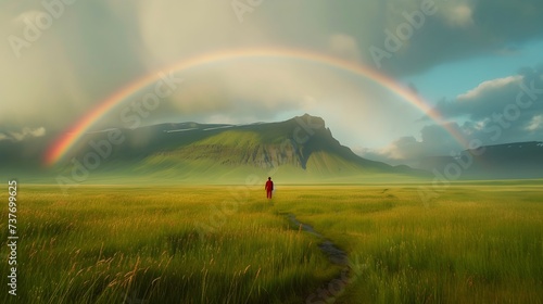 A beautiful rainbow in nature landscape on the mountain land field photography, with a one man standing. Generative AI