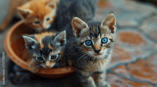 Adorable Kittens with Mesmerizing Blue Eyes Gathered Around a Food Bowl. A group of charming cats attentively focuses on camera. Panorama with copy space - generative ai