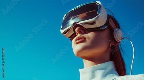 A fashion woman outdoors wearing VR glasses that have a bulky computer attached that is connected with wires to the sunglasses