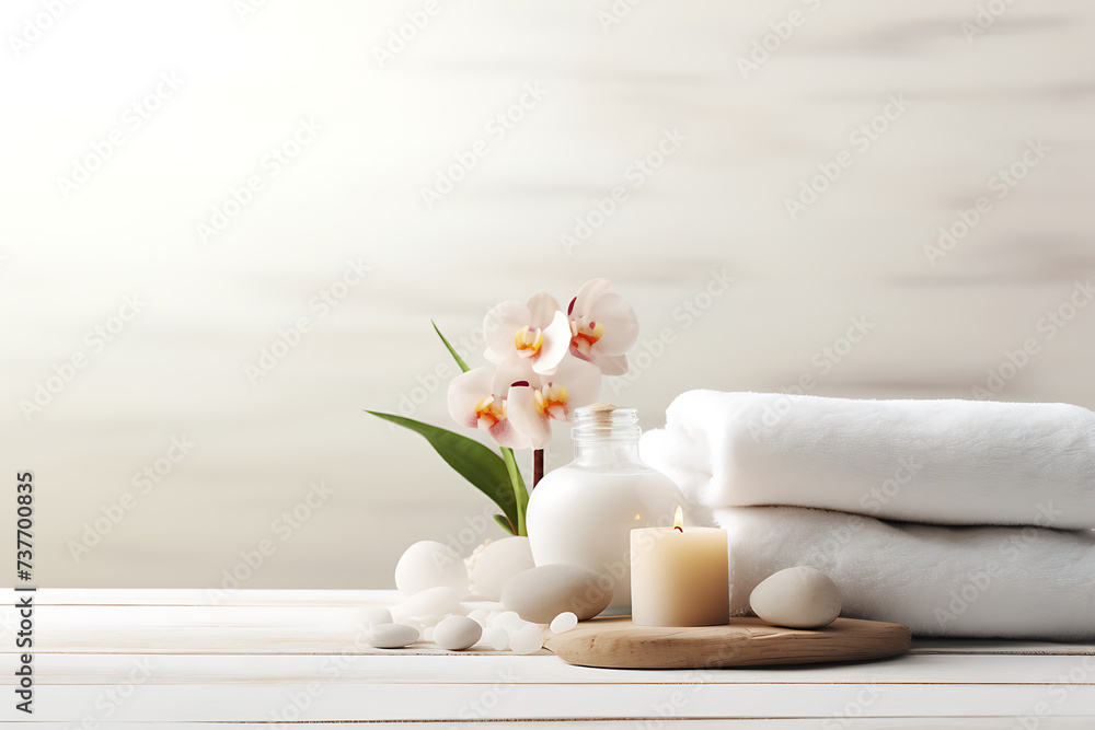 Spa still life with orchid flower and candles an towel on wooden background Spa still life with orchid flower and candles an towel on wooden background