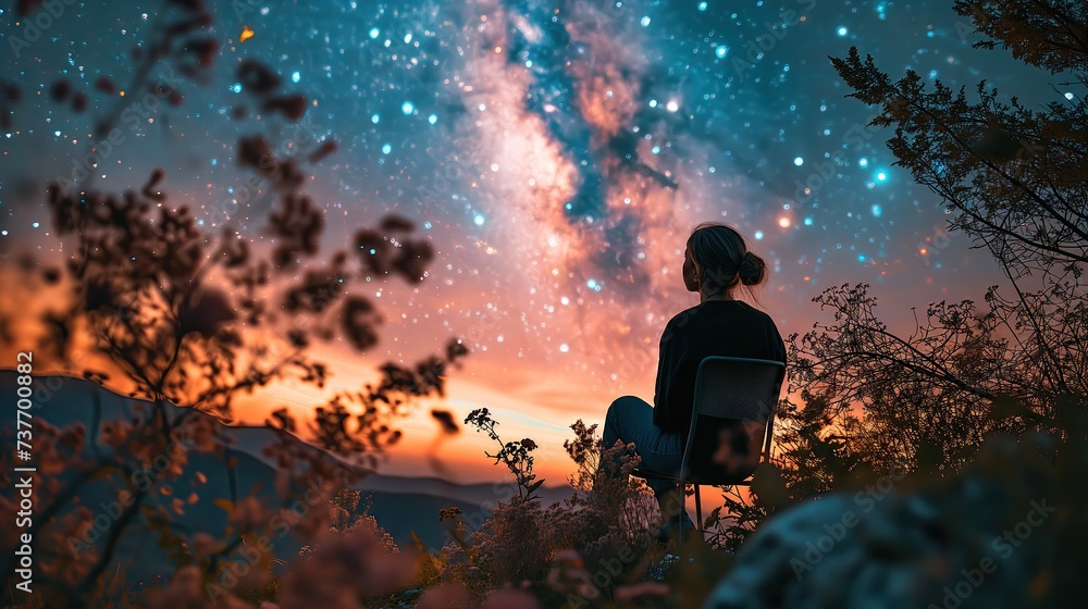 Silhouette of a woman sitting and watching a Beautiful starry sky at night.