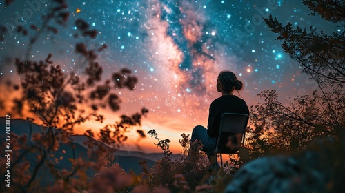 Silhouette of a woman sitting and watching a Beautiful starry sky at night.