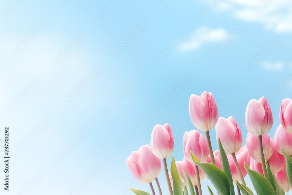 Pink tulips on a blue sky background. with copy space. for valentine, birthday, wedding, invitation, card, greeting, presentation, celebration, banner