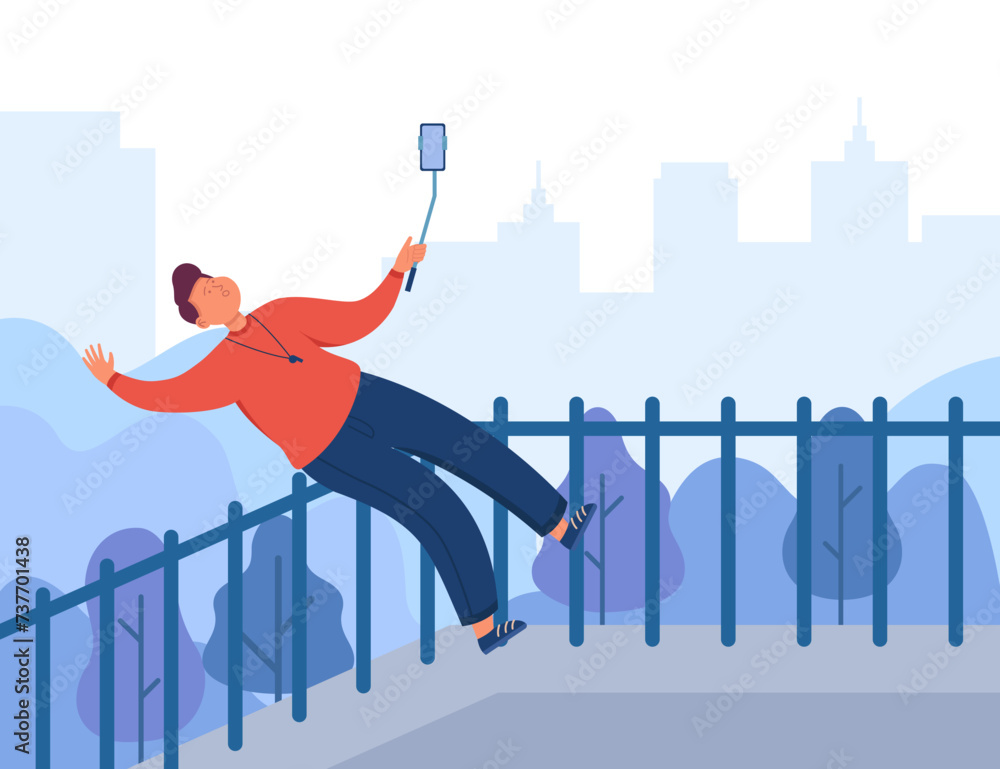 Man with selfie stick falling due to carelessness. Vector illustration