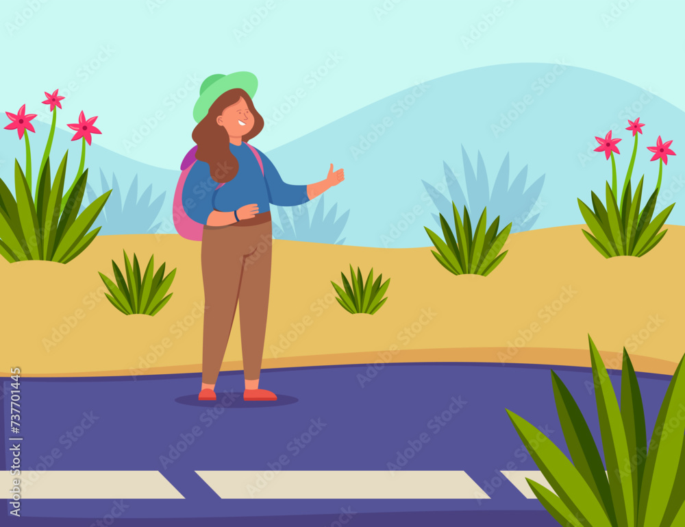 Female tourist with backpack hitch-hiking. Flat vector illustration. Woman standing at side of road and waiting for passing cars. Dessert landscape on background. Travel, tourism, solo adventure