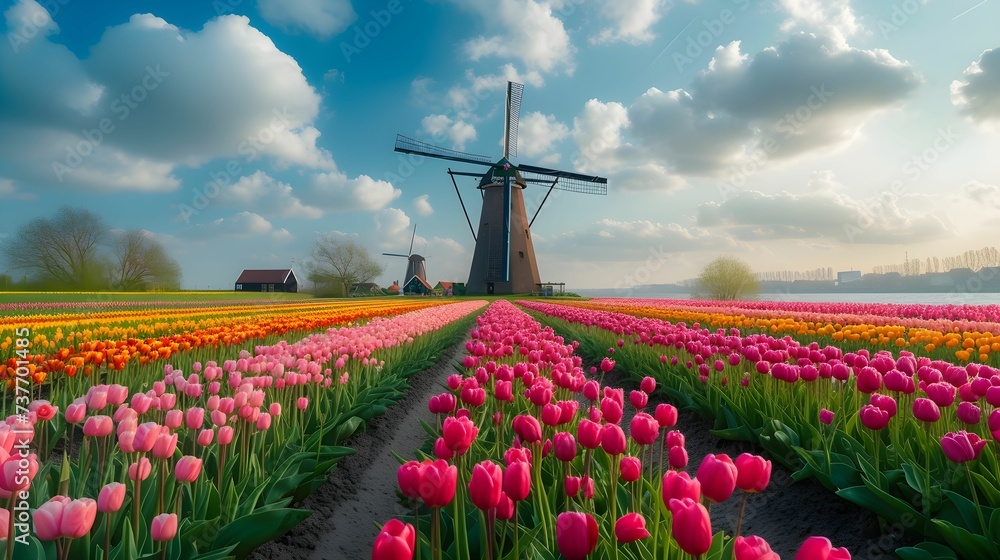 A vibrant tulip field with wind mill landscape wallpaper background. Generative AI