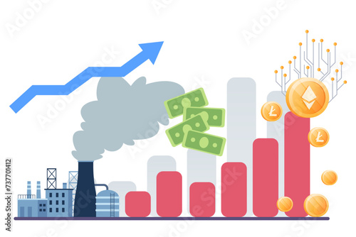 Diagram with cryptocoins and money. Vector illustration. Factory with smoke, growing arrow on background. Exchange-traded fund approving  cryptomoney. Influx of money into cryptocurrency concept