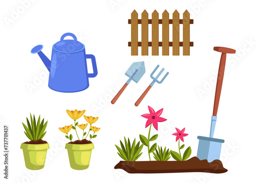 Garden tools with flowers vector illustration set isolated on white. Shovel, rake, watering pot, fence, flowers in pots. Gardening, hobby concept.