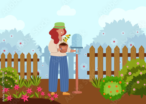 Woman in summer hat with shovel and seedling in pot. Vector illustration. Beautiful flowers and bushes in front of fence. Ornamental garden design. Gardening, spring concept