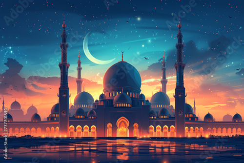 Twilight scene of an ornate mosque under a starry sky with a crescent moon, symbolizing Ramadan or Islamic celebrations. © Ash