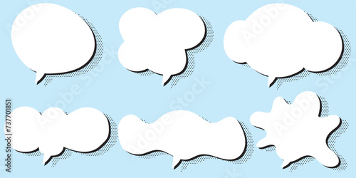 Set speech bubble or text box with shadow and dots. cloud shape, and cartoon style,  light blue background. Halftone style and isolated