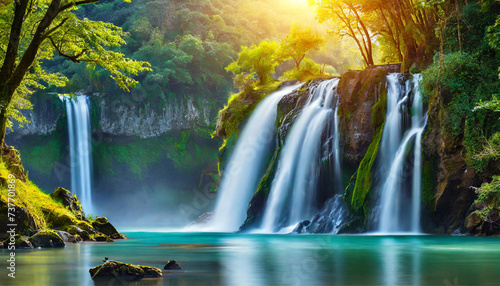 waterfall from the mountains, green forest, bright sunny day in nature, beautiful natural landscape