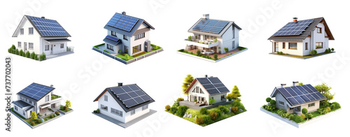 Set of 3D model of family house with solar panels on the roof on transparency background PNG photo