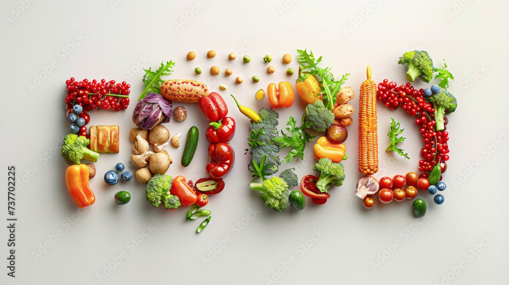 A colorful array of various fresh vegetables and fruits arranged creatively on a light background, showcasing nature's rainbow.