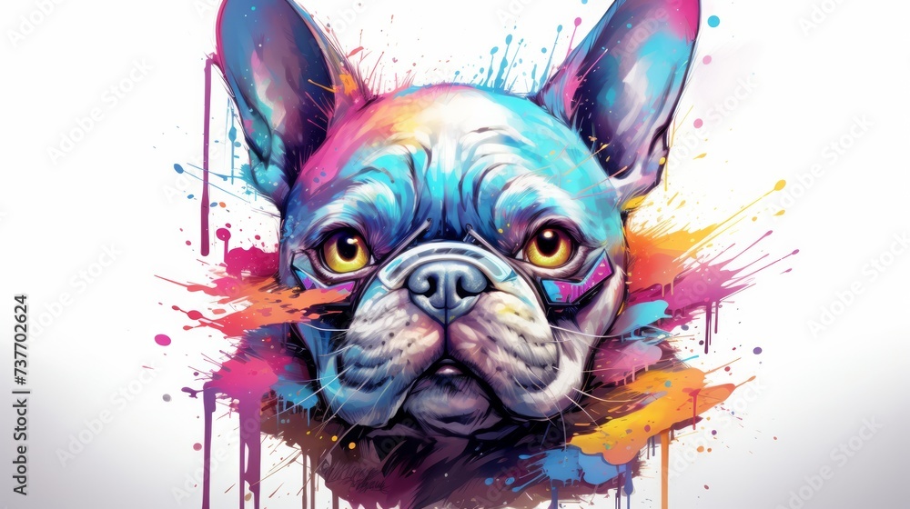 French bulldog on a background of a rainbow watercolor stain. Neural network AI generated art