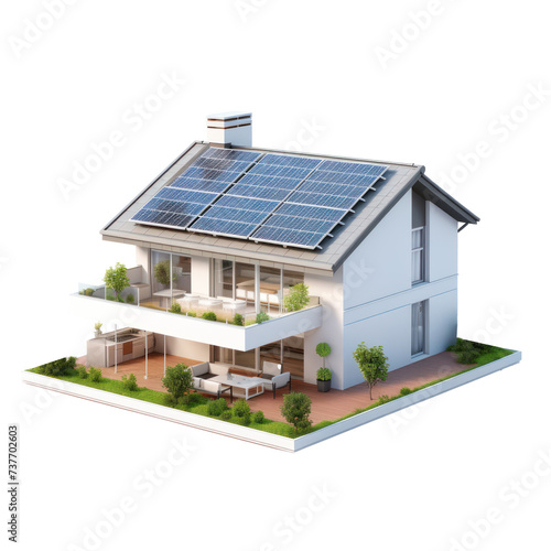 3d model of a smart home with solar panels on the roof, isolated on transparency background PNG © KimlyPNG