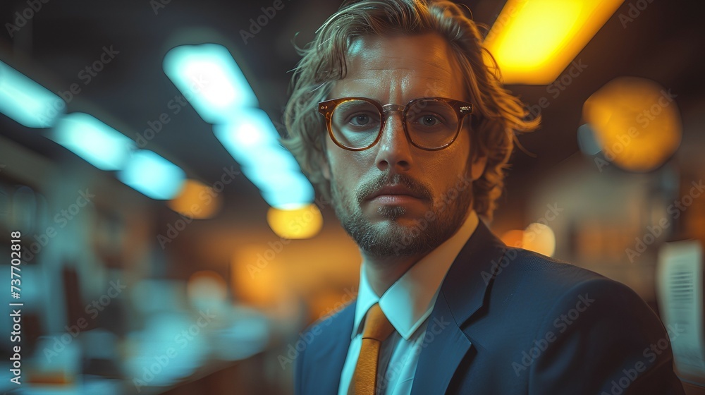 Close-up shot of quirky and eccentric male office worker - business suit - open office - meticulous symmetry - stylish fashion - paranoid - disturbed Close-up shot of quirky and eccentric male office worker - business suit - open office - meticulous symmetry - stylish fashion - paranoid - disturbed