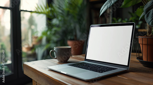 Mockup of a laptop screen on a table in a cafe. Laptop with blank screen on wood table with green plants.