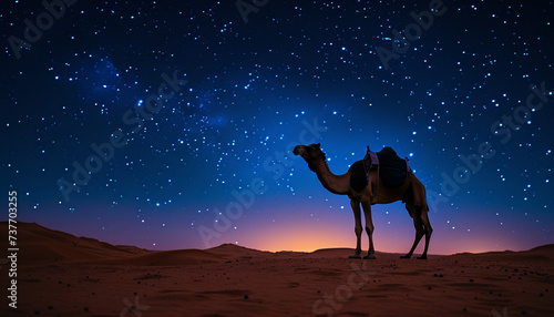 Silhouette of a camel against a starry night sky in the desert  suitable for Ramadan and travel themes.