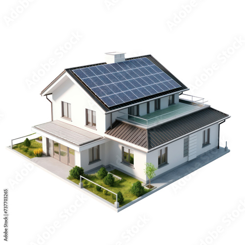 simplified 3D model of family house with solar panels on the roof, octane render, on transparency background PNG © KimlyPNG