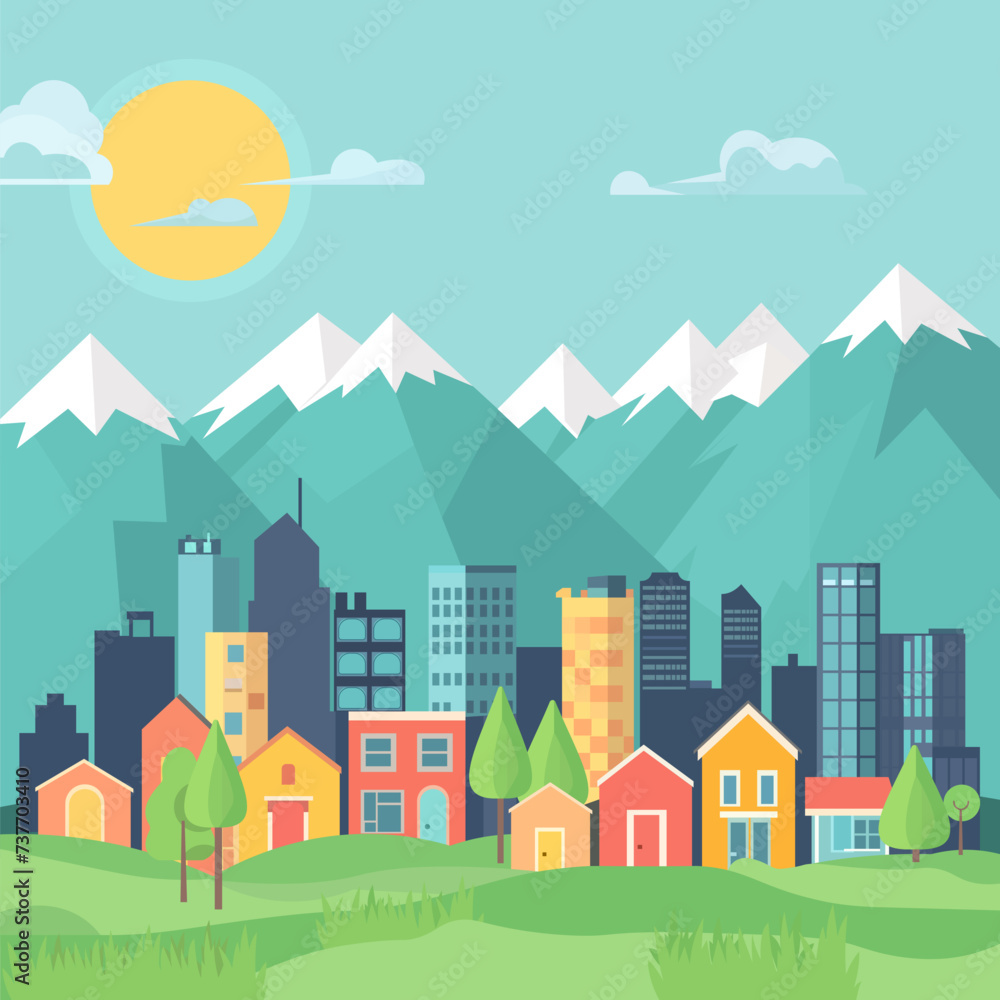 House Home and City Building with Mountain Landscape in Bright Day Flat Design