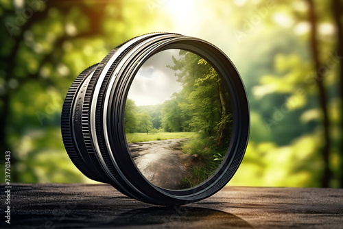 Camera lens on nature background with reflection. Close-up view.