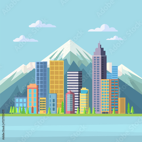 Skyscrapers Building with Mountain View in Bright Day Flat Design