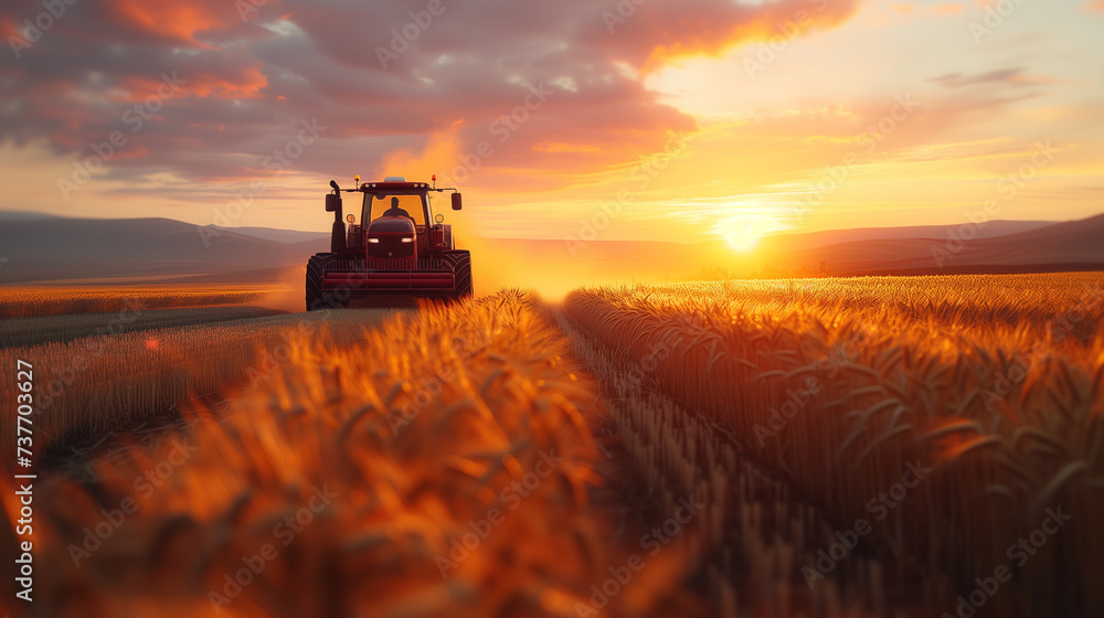 Fototapeta premium A tractor plows through a wheat field, with dust trailing behind in the warm light of a setting sun in the countryside.