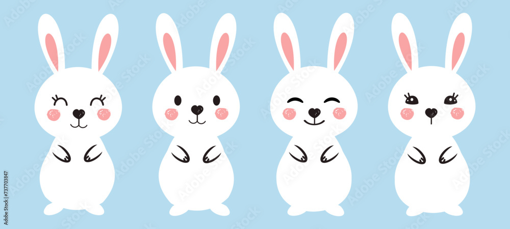 Set of bunny rabbit cartoons on blue background vector illustration. Set of bunny rabbit cartoons on blue background vector illustration.