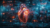 The heart is displayed on an animated screen, a heart in the middle of a complex, techno picture of an artificial heart model on the background