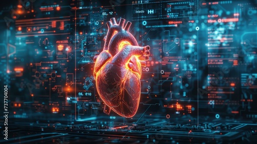 The heart is displayed on an animated screen, a heart in the middle of a complex, techno picture of an artificial heart model on the background