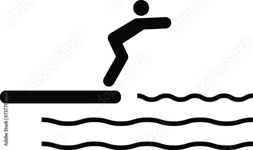 Man Dive Swim in Sea Water from High Board icon. Swimmer jumping in pool sign. A man diving into water in swimming pool symbol. flat style.