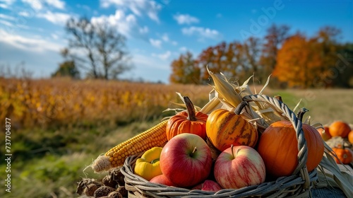basket of apples  corns and pumpkins on the table with field  trees and sky background