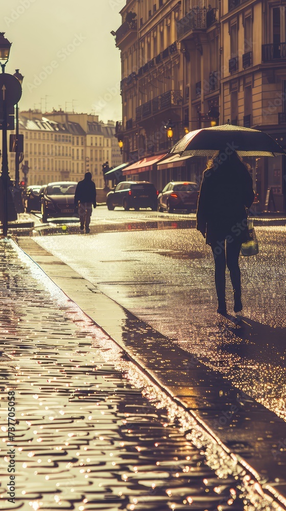 A girl walks under an umbrella on a rainy autumn day in Paris. France in autumn.
